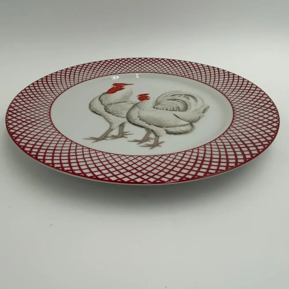 The Haldon Group Devonshire WHITE Rooster & Hen Dinner Plate Vintage Red & White